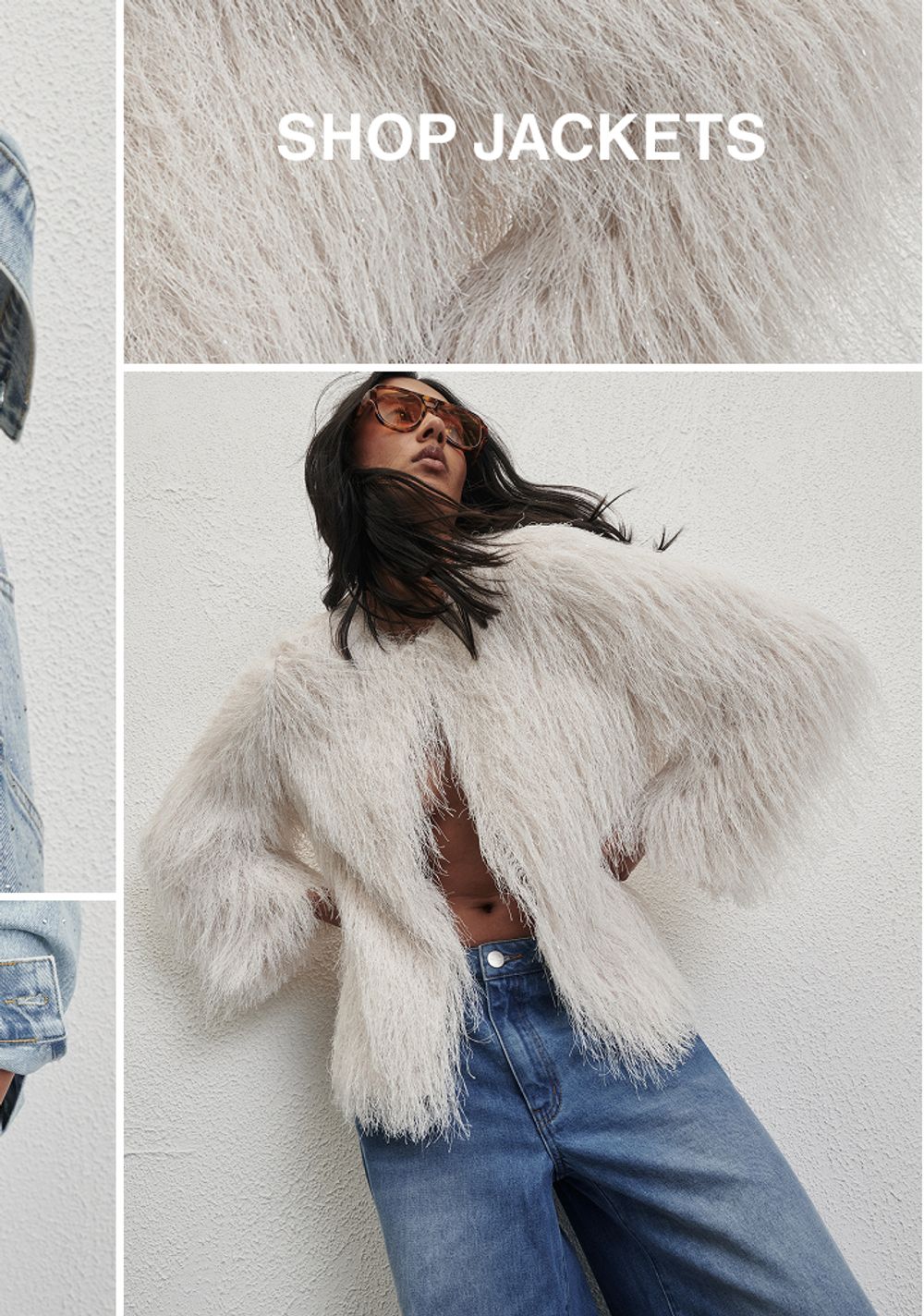 Model wearing a white fringe jacket. Text reads SHOP JACKETS