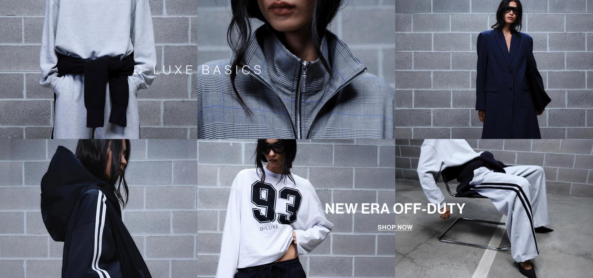 Grid of 6 images of a model wearing new D-LUXE