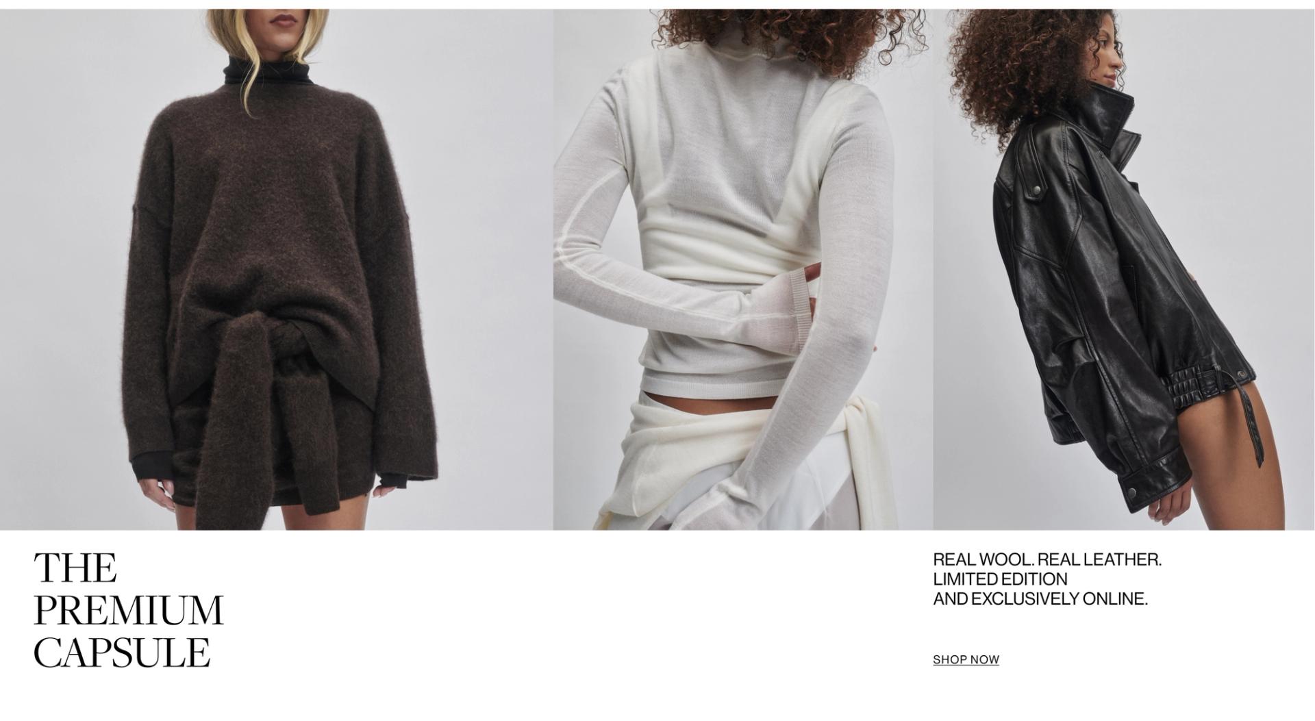 3 models wearing new premium capsule: brown turtleneck knit, white long sleeve knit and black leather jacket
