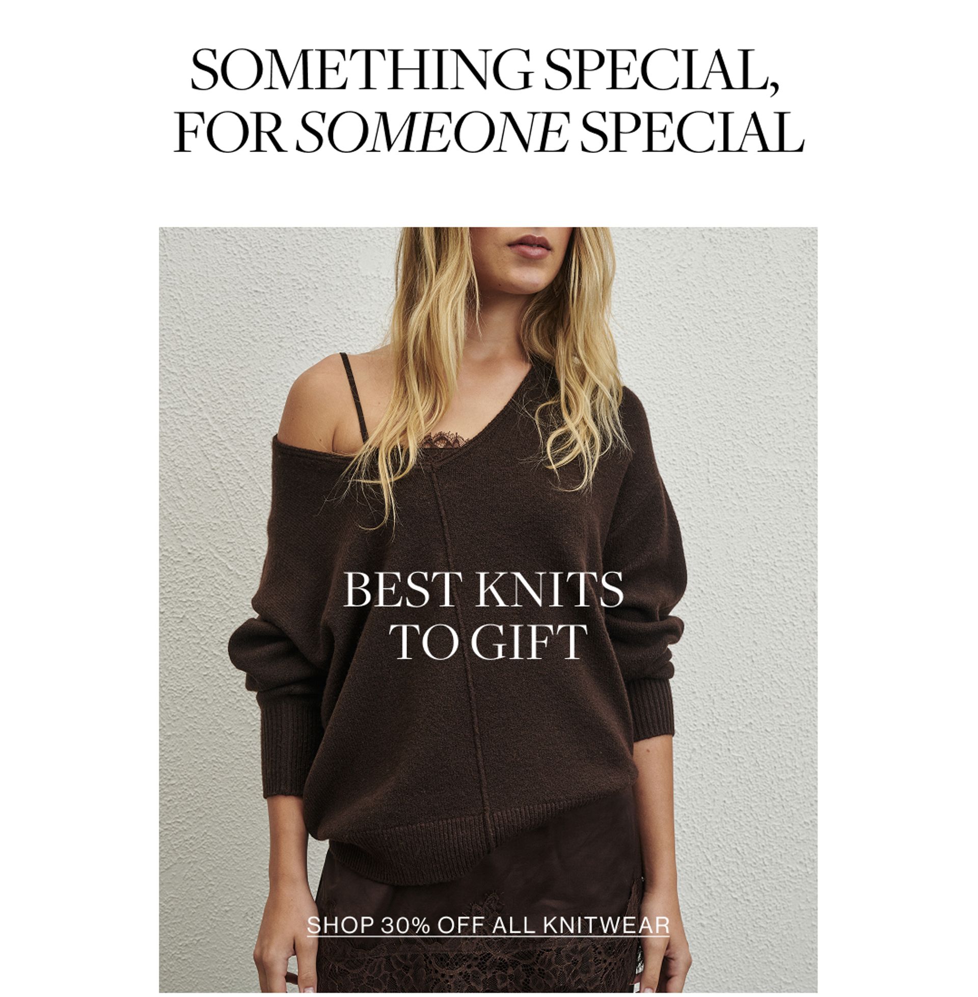 Model wearing a brown knit with text overlay: "BEST KNITS TO GIFT"
