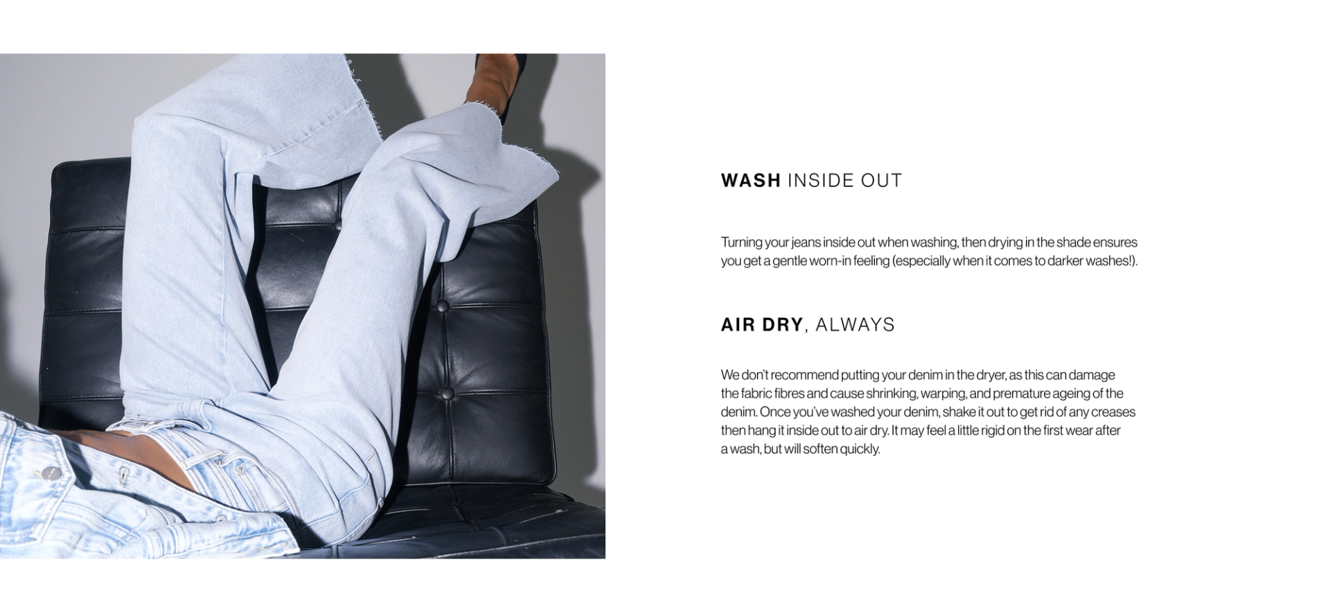 Model reclining on a black chair wearing light-wash jeans and a long-sleeve top. Headings emphasize washing denim inside out and air drying.