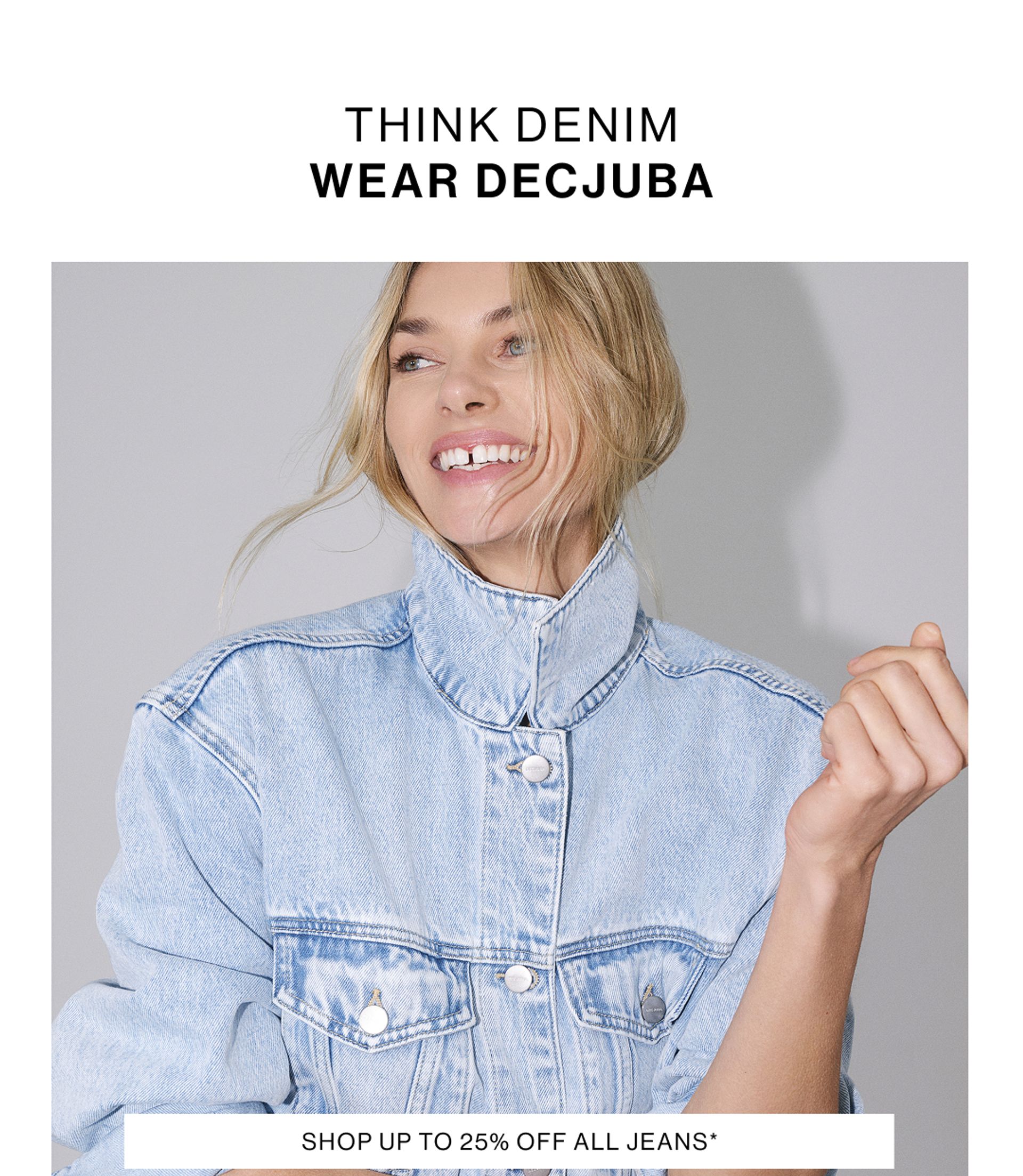 Jess Hart wearing the Nakita Denim Jacket and Paloma Jeans in light blue. SHOP 25% OFF JEANS.