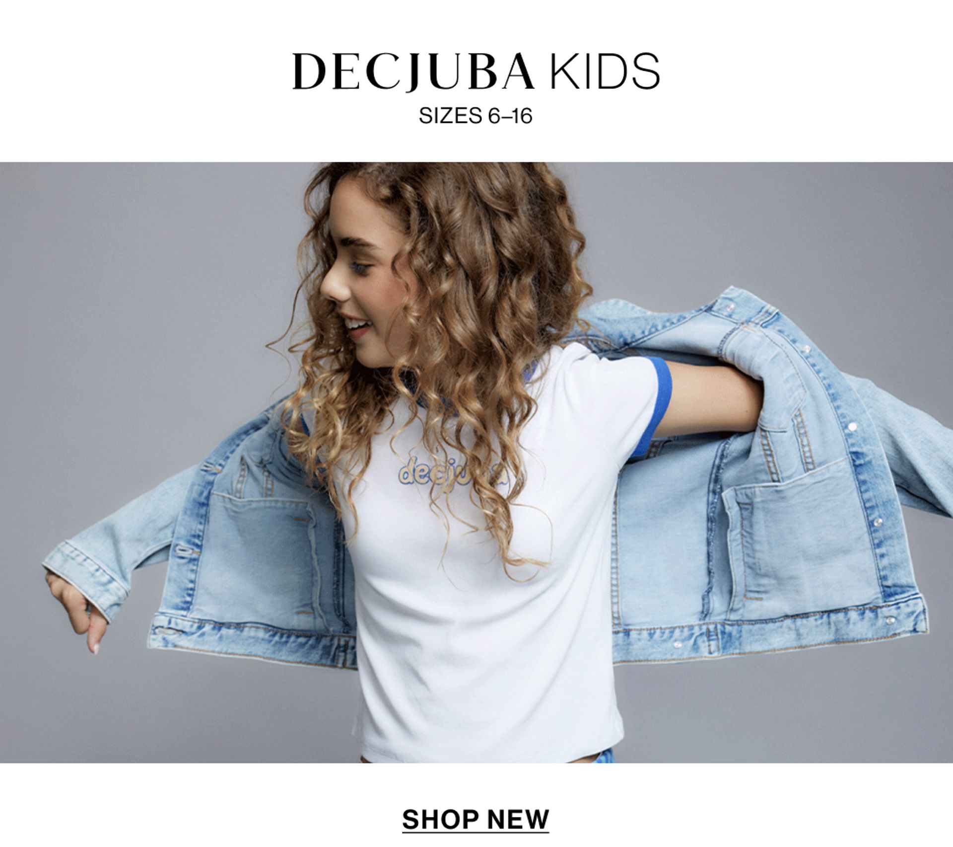 A young girl posing in a denim jacket and white tee with text overlay: "DECJUBA KIDS"
