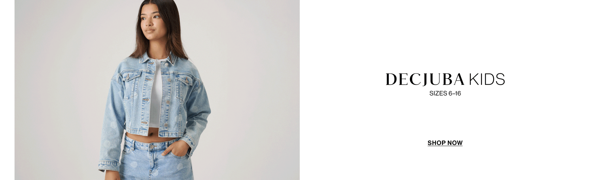 A young girl posing in a denim polka dot set with text overlay: "DECJUBA KIDS"