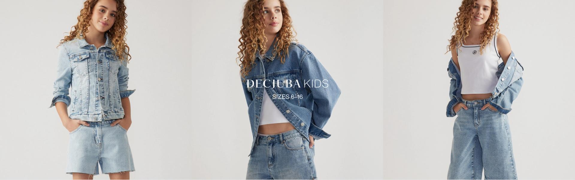A young girl posing in a yellow jacket with text overlay: "DECJUBA KIDS"