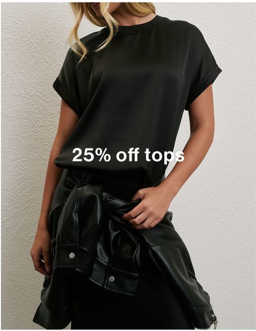 Model wearing a black halter top, promoting 25% off tops.
