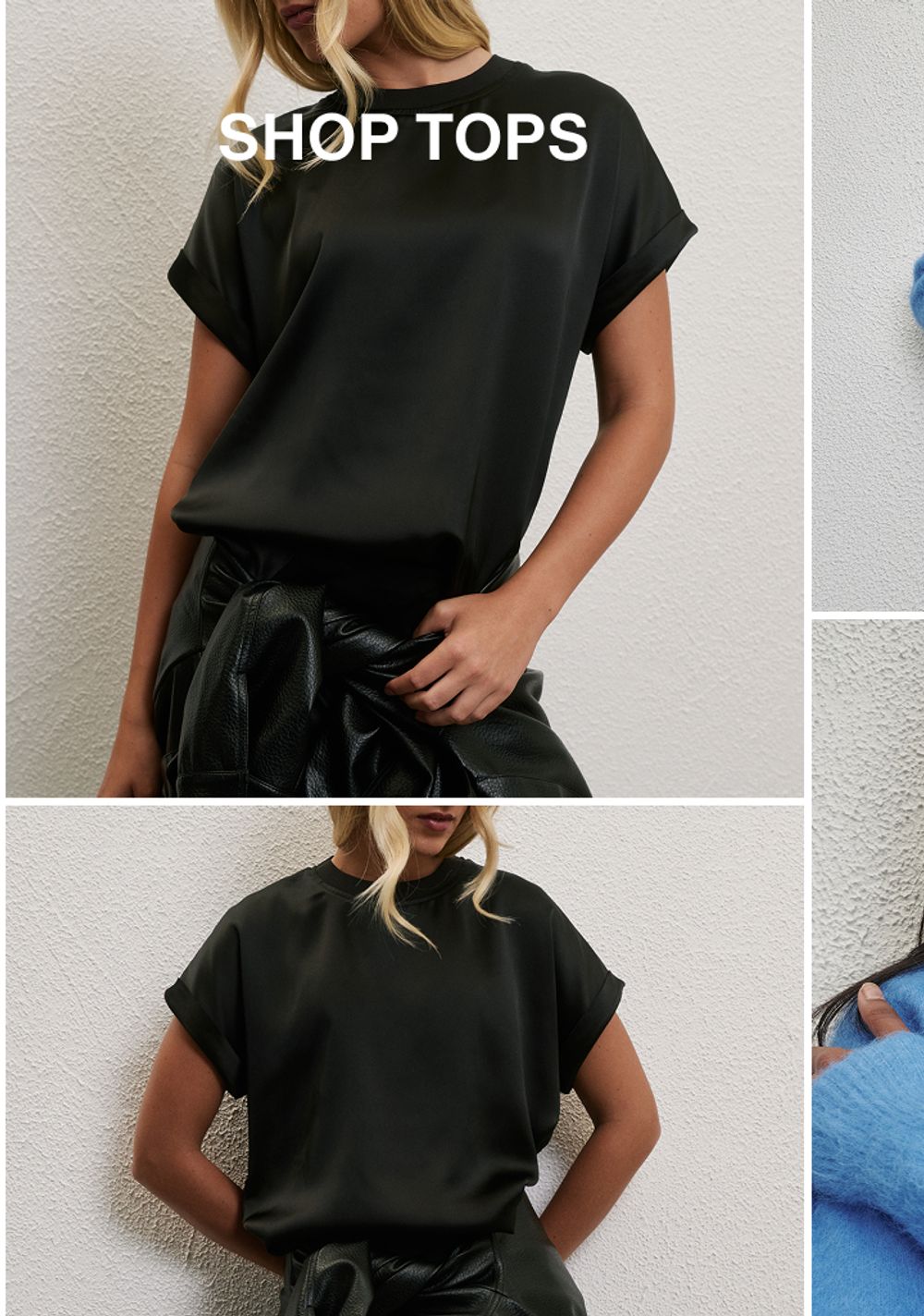 Model wearing a black satin top. Text reads SHOP TOPS