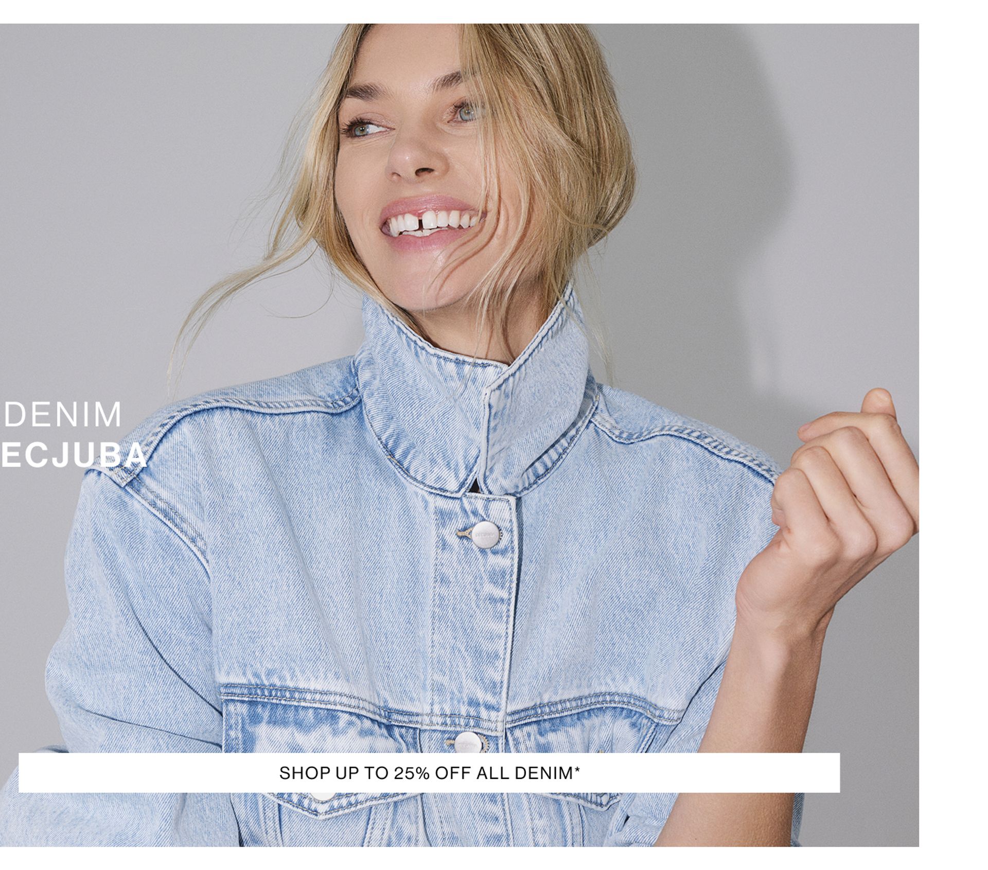 Close up image of Jess Hart in the Nakita Denim Jacket. SHOP 25% OFF DENIM.