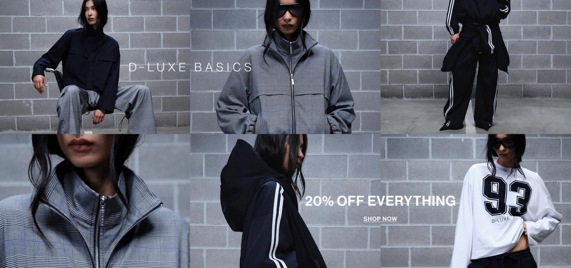 Grid of 6 images of a model wearing new D-LUXE