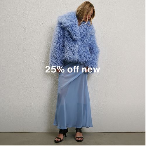 Woman in blue fluffy jacket and blue sheer skirt against a neutral background, promoting 25% off new arrivals.