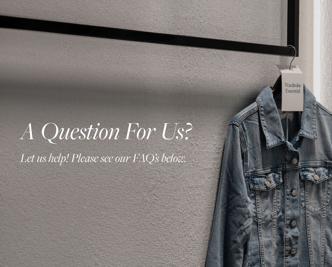 A denim jacket hanging on a clothing rail on a grey wall with the text "A Question For Us?"