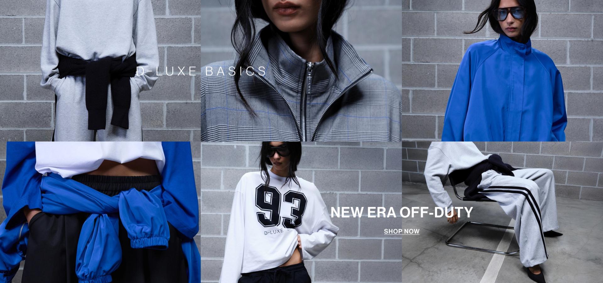 Images of model wearing new D-LUXE jacket in cobalt blue