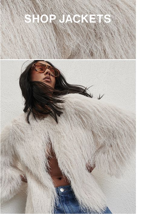 Model wearing a white fringe jacket. Text reads SHOP JACKETS