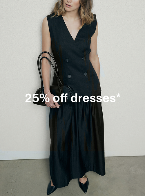 Woman in black dress with promo message