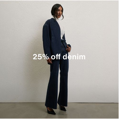 Model wearing a dark denim jacket and jeans, promoting 25% off denim.