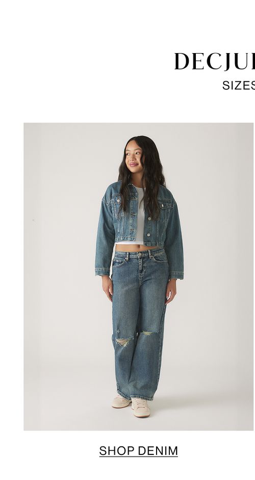 Young model wearing a denim set. SHOP TEEN GIRLS DENIM.