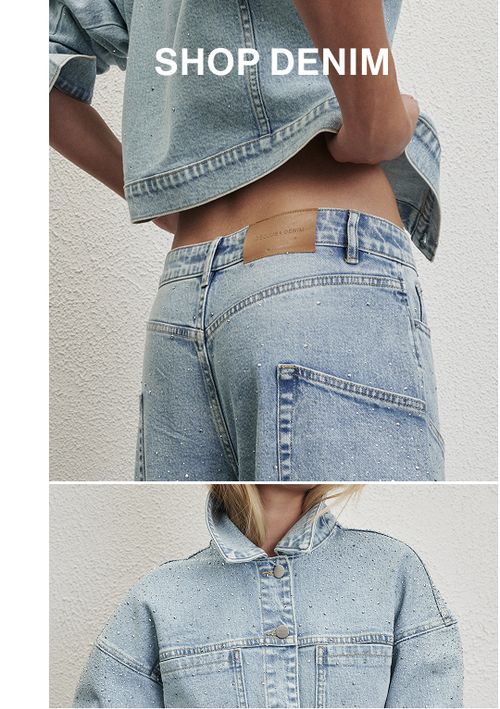 Model wearing sparkly denim jeans. Text reads SHOP DENIM