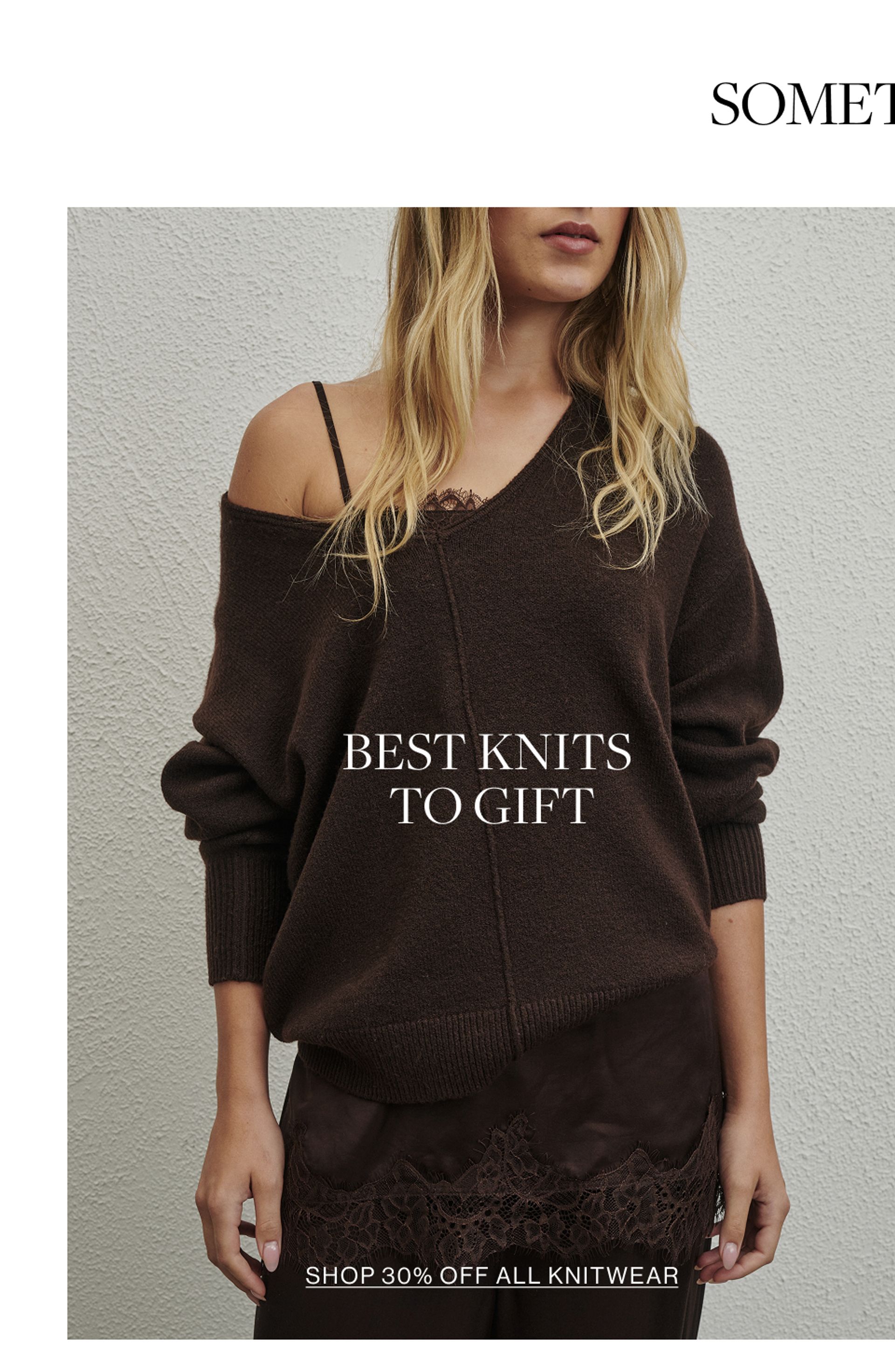 Model wearing a brown knit with text overlay: "BEST KNITS TO GIFT"