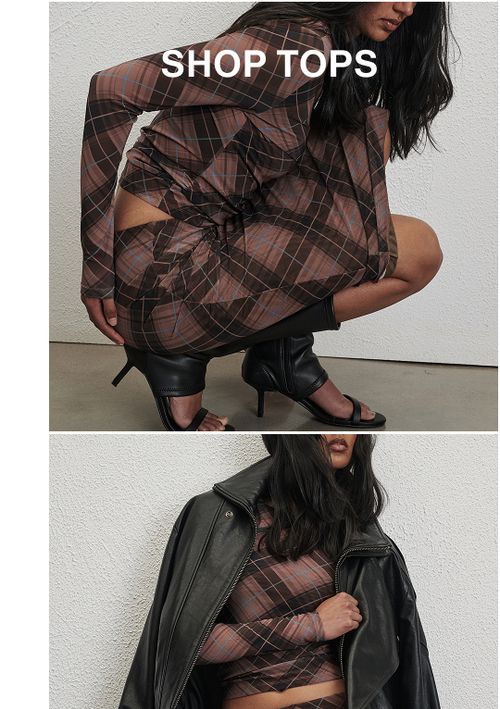 Model wearing a brown check print top and skirt set. Text reads SHOP TOPS