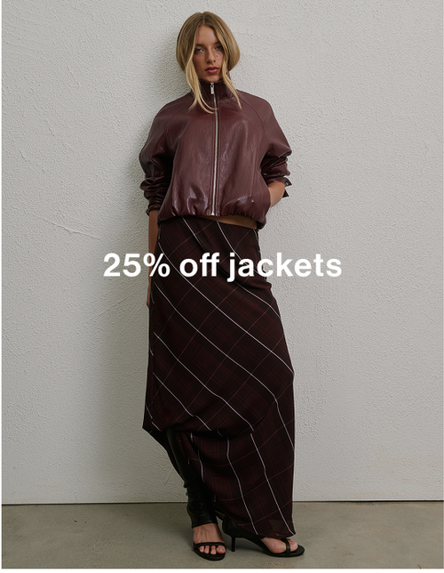 Model wearing a burgundy cropped jacket and skirt set, promoting 25% off jackets.