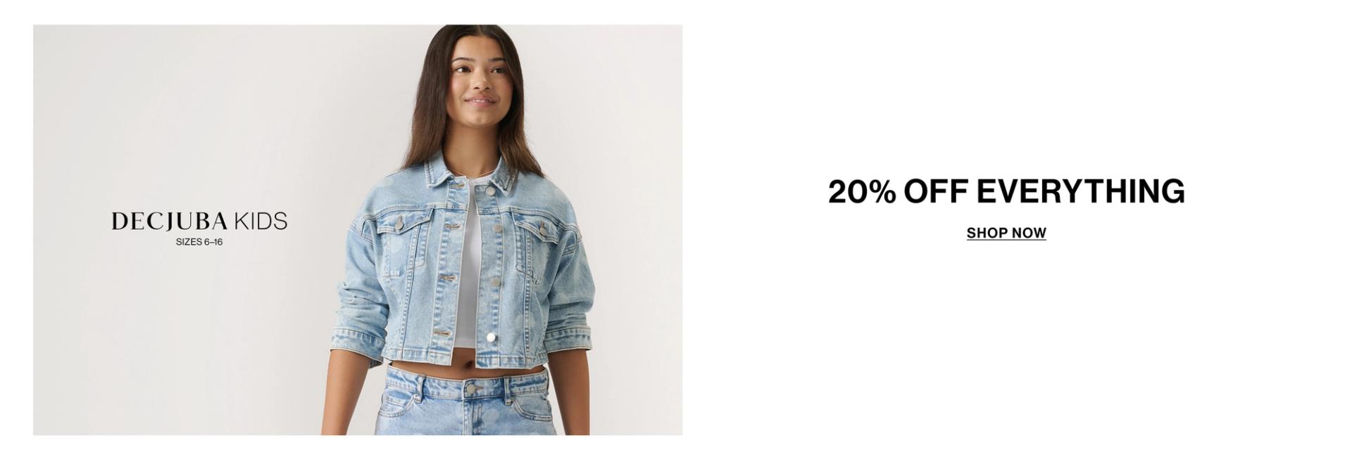 A young girl posing in a denim polka dot set with text overlay: "20% OFF DECJUBA KIDS"