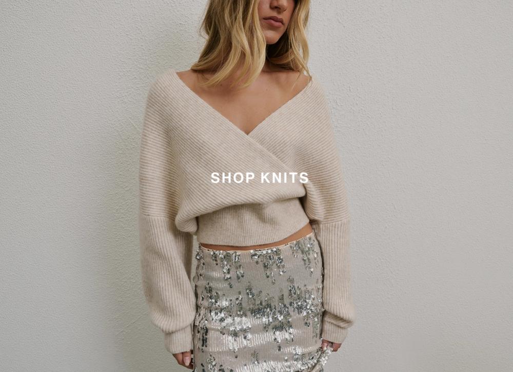 Model wearing a cream knit cardigan and sequin skirt – Shop Knits.