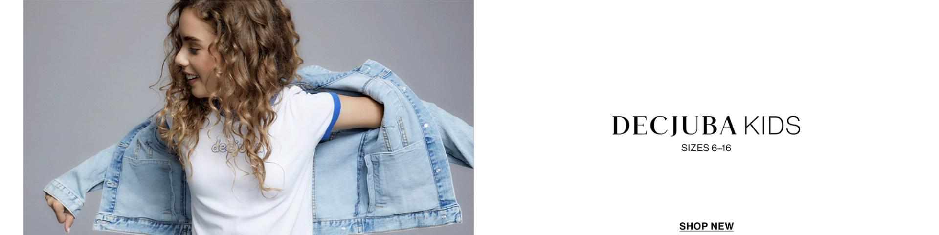 A young girl posing in a denim jacket and white tee with text overlay: "DECJUBA KIDS"