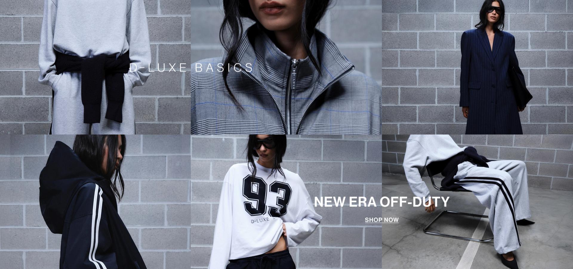 Model in a leather jacket standing in front of a white wall with text overlay which states "20% OFF DLUXE BASICS"