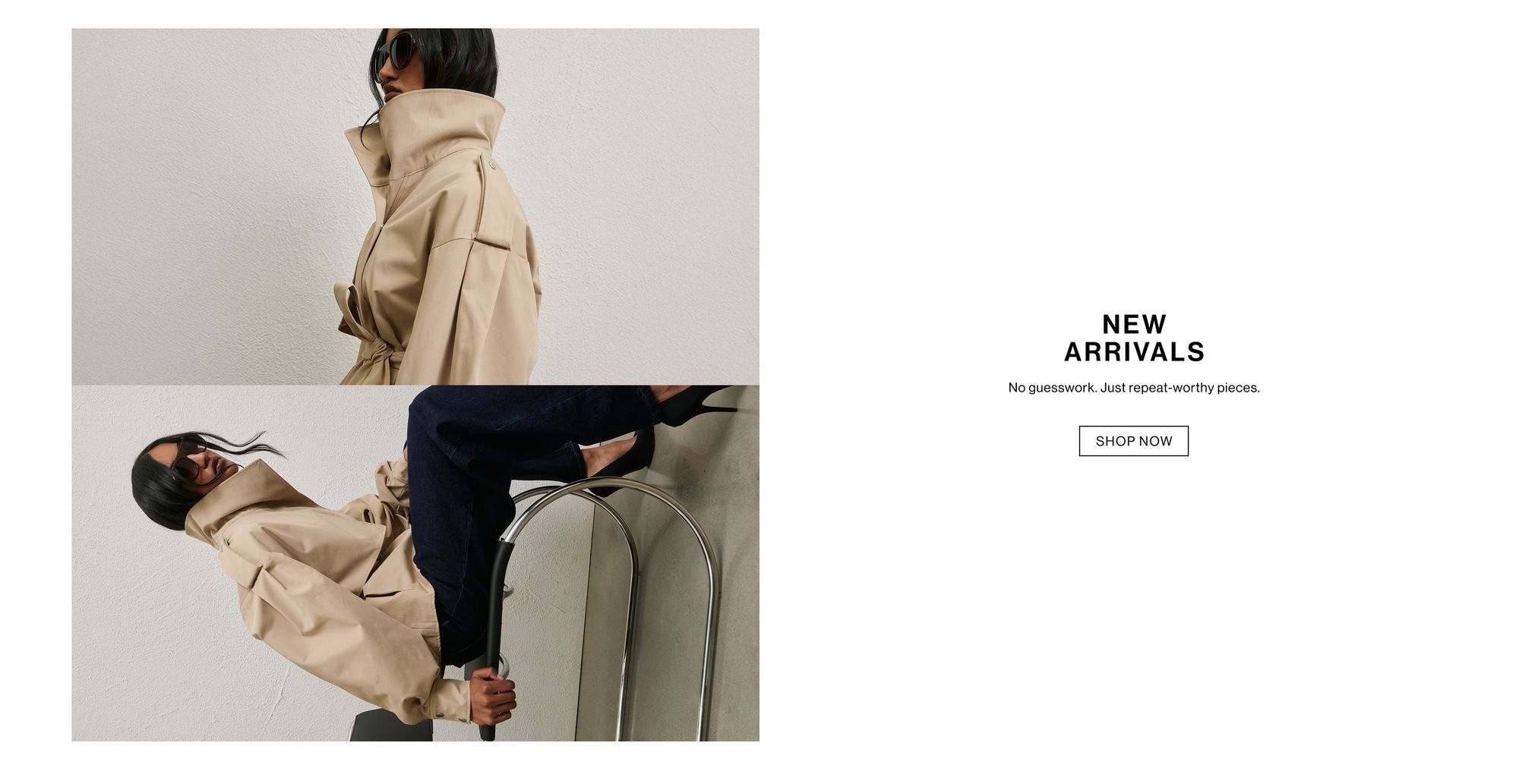 Model in a neutral coloured jacket posing against a white wall. Text reads ‘NEW ARRIVALS'