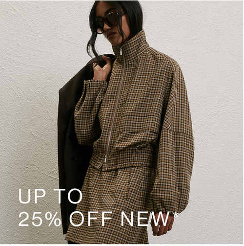 Woman standing in front of a white wall wearing a blue fluffy coat and blue skirt with text that reads "25% off new"