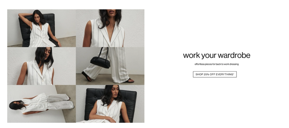 Grid of images of woman in pinstripe white set