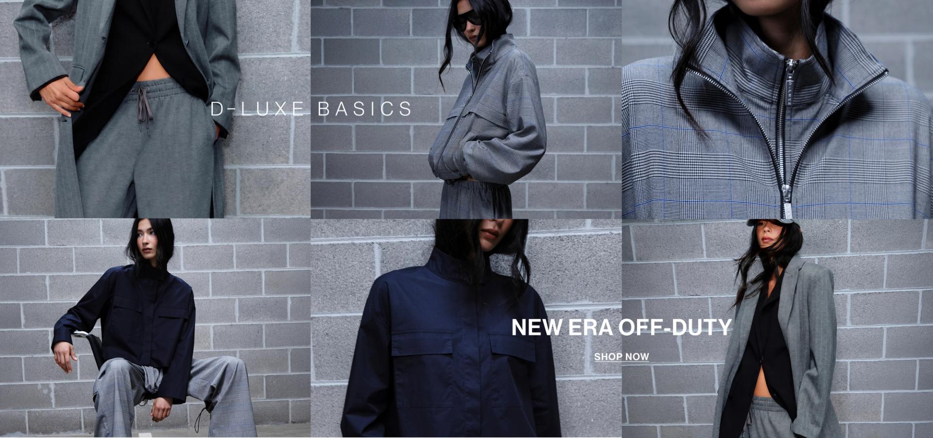 Model in a leather jacket standing in front of a white wall with text overlay which states "20% OFF DLUXE BASICS"