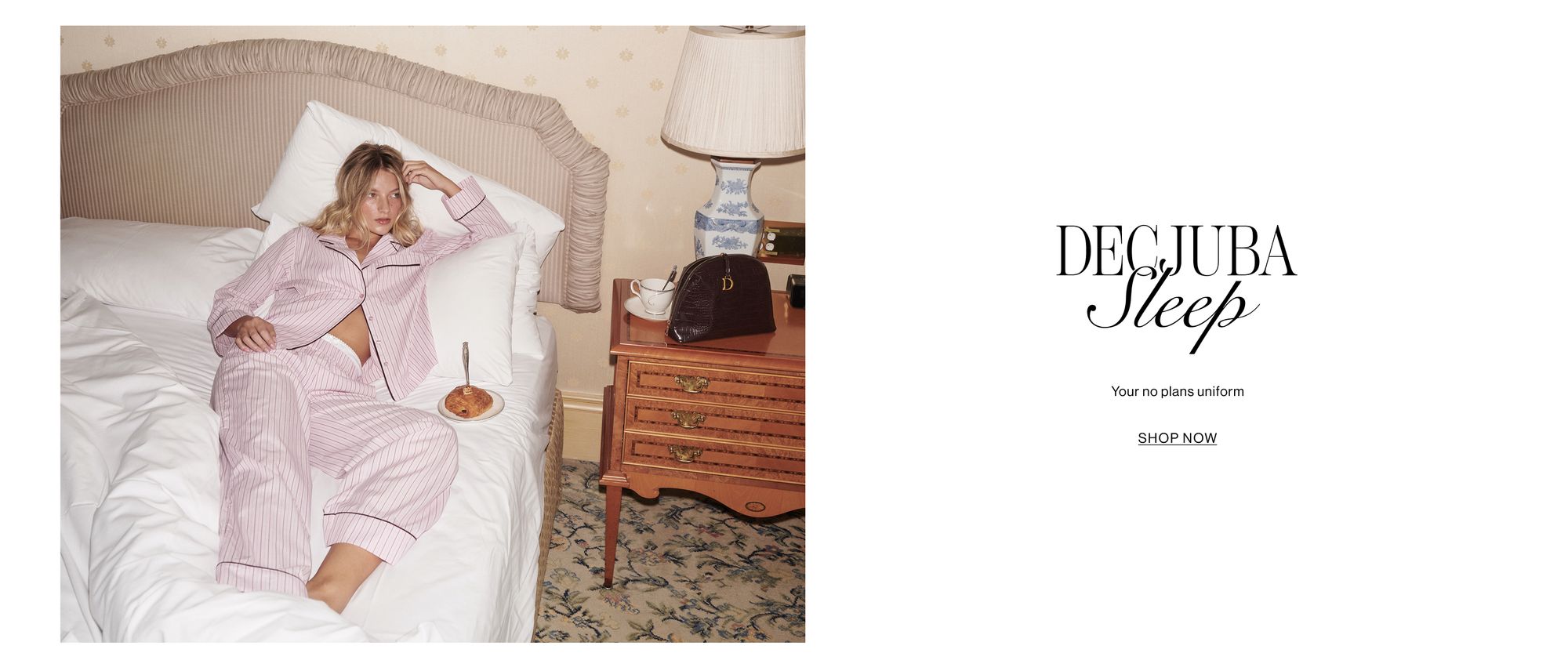 Text that reads your beauty sleep bonus. Receive a free cosmetic case valued at $39.95 when you buy two or more pieces of DECJUBA Sleep.