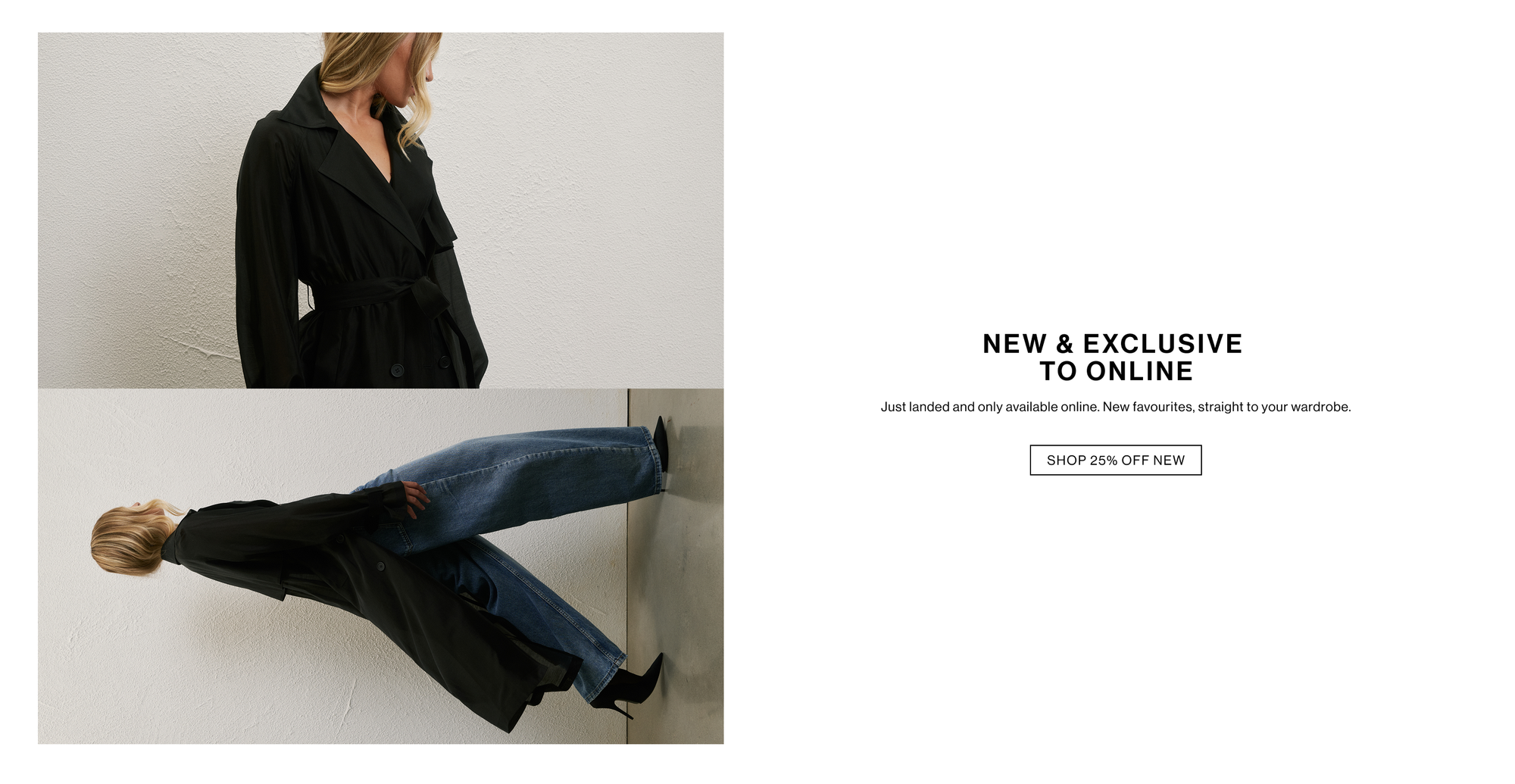 Model in a denim jacket and jeans posing with her hands in her pocket against a white wall with one hand in her pocket. Text reads ‘New & exclusive to online'