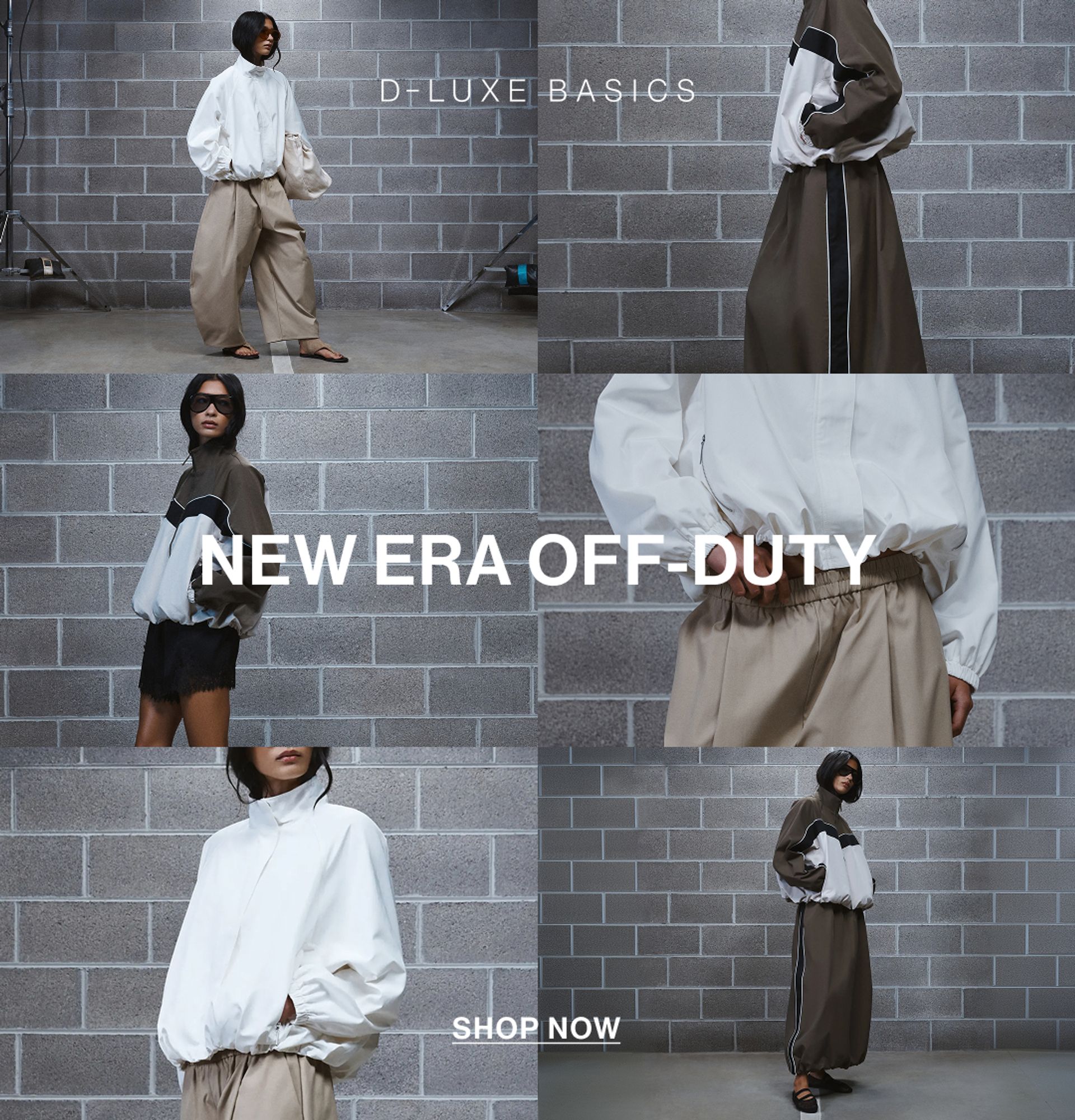 Model in a leather jacket standing in front of a white wall with text overlay which states "20% OFF DLUXE BASICS"
