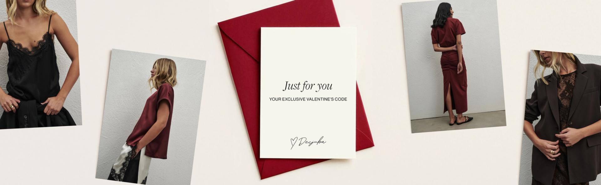 Images of different Valentine's day styles are scattered around a deep red envelope. On top of the envelope lies a white letter which reads Just For You, You exclusive Valentine's code