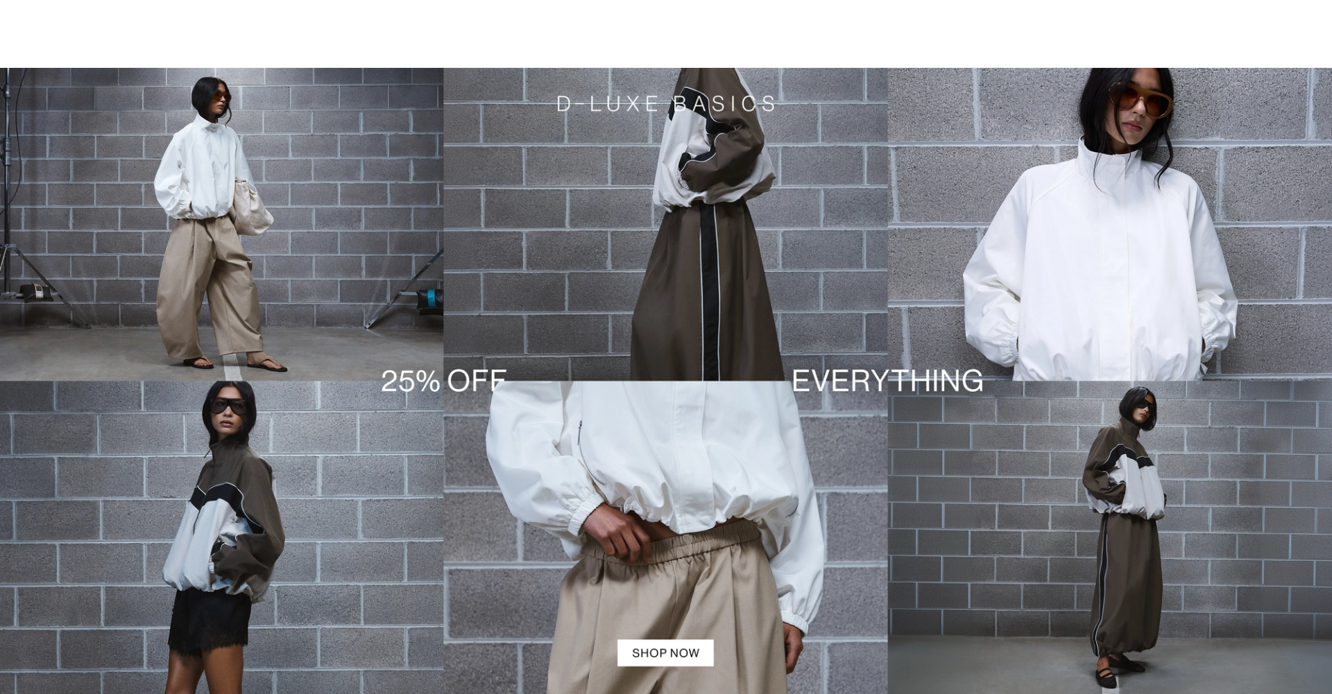 Model in a leather jacket standing in front of a white wall with text overlay which states "20% OFF DLUXE BASICS"