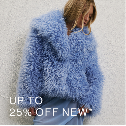 Woman standing in front of a white wall wearing a blue fluffy coat and blue skirt with text that reads "25% off new"