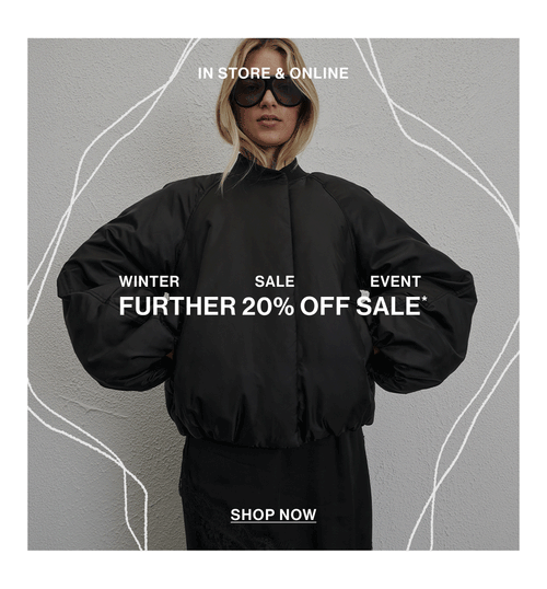 Girl posing in a black bomber jacket with her hands in her pocket with text that reads "Winter sale event further 20% off"