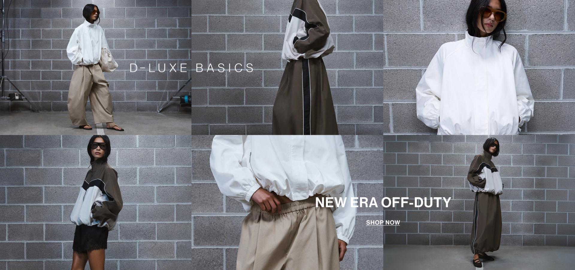 Model in a leather jacket standing in front of a white wall with text overlay which states "20% OFF DLUXE BASICS"