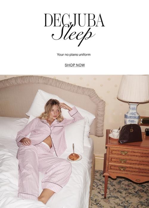 Text that reads your beauty sleep bonus. Receive a free cosmetic case valued at $39.95 when you buy two or more pieces of DECJUBA Sleep.