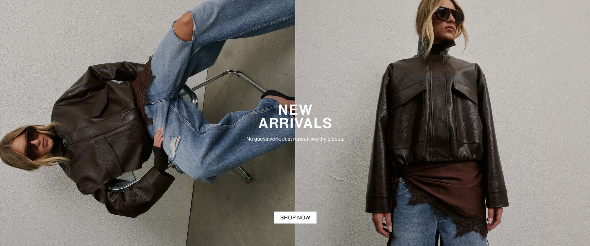 Model in a brown bomber jacket posing against a white wall. Text reads ‘NEW ARRIVALS'