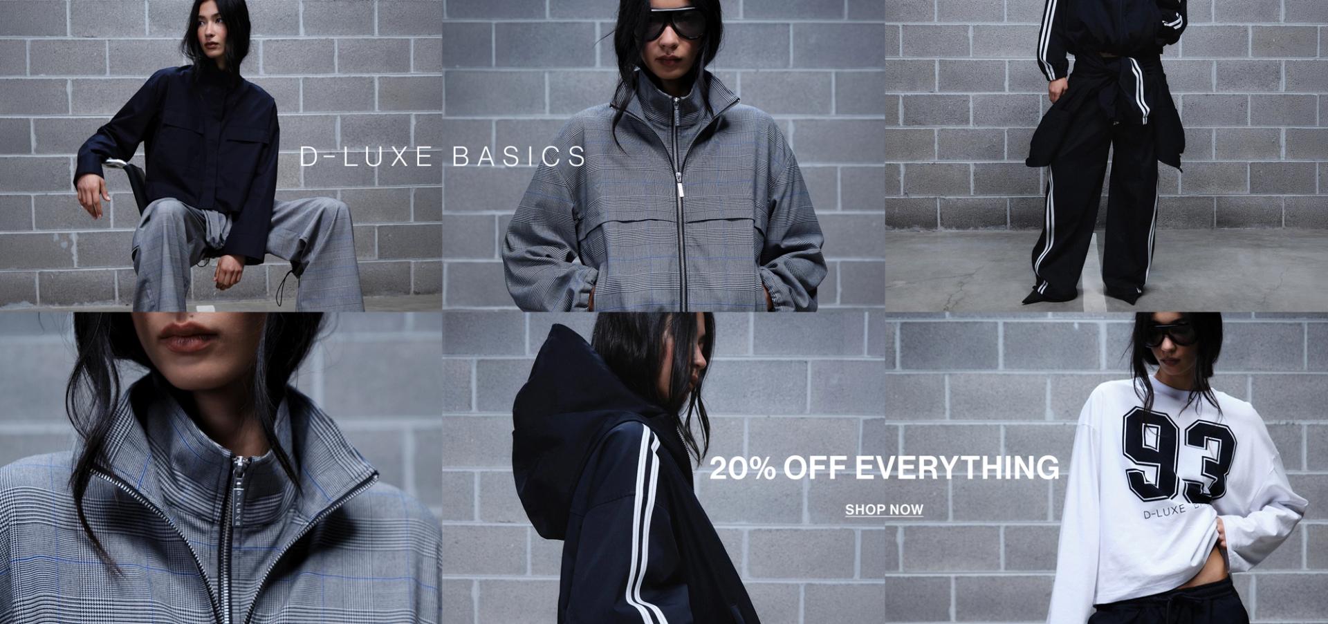Model in a leather jacket standing in front of a white wall with text overlay which states "20% OFF DLUXE BASICS"