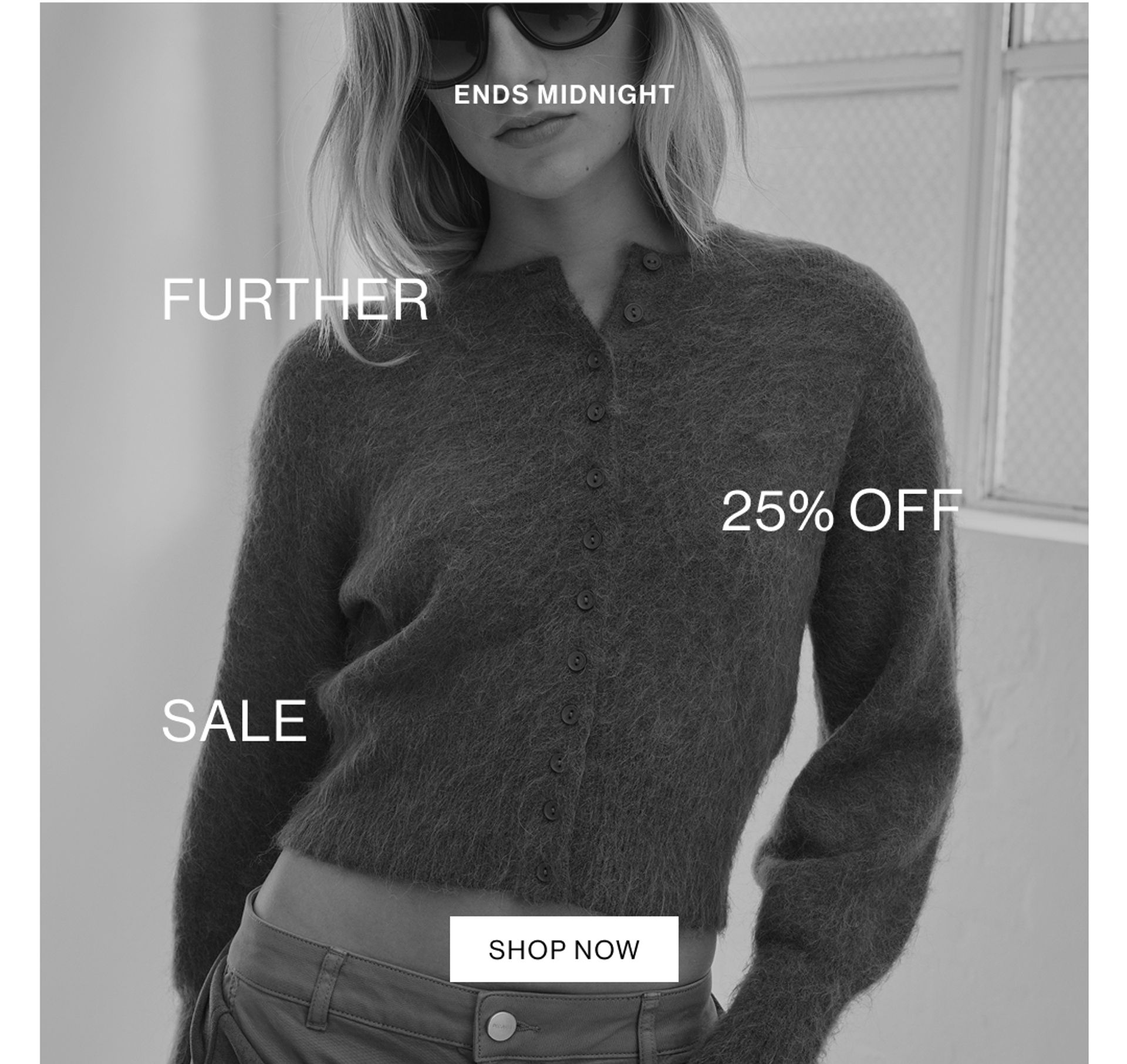 Model in a leather jacket standing in front of a white wall with text overlay which states "20% OFF DLUXE BASICS"