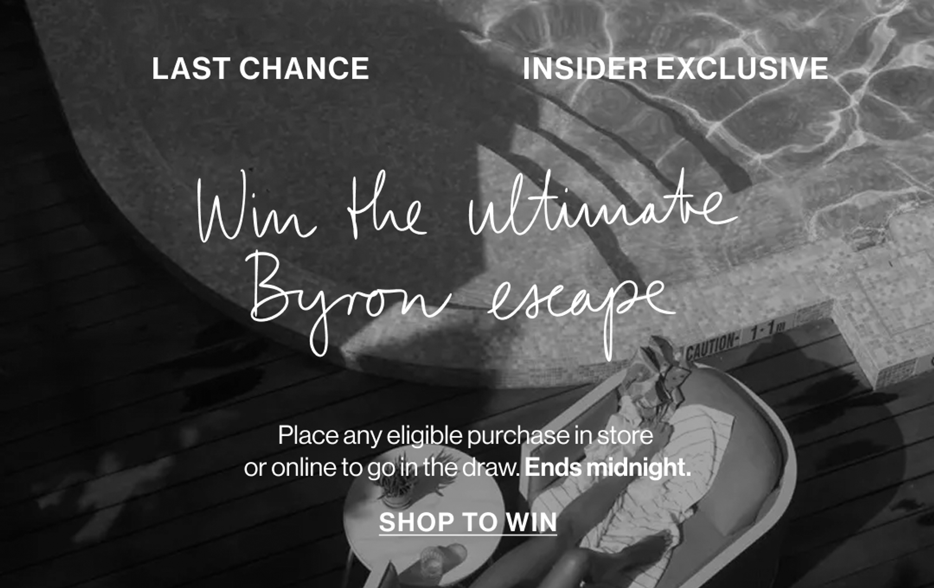 Picture of a hotel room with a pool with text that states "win the ultimate Byron escape."