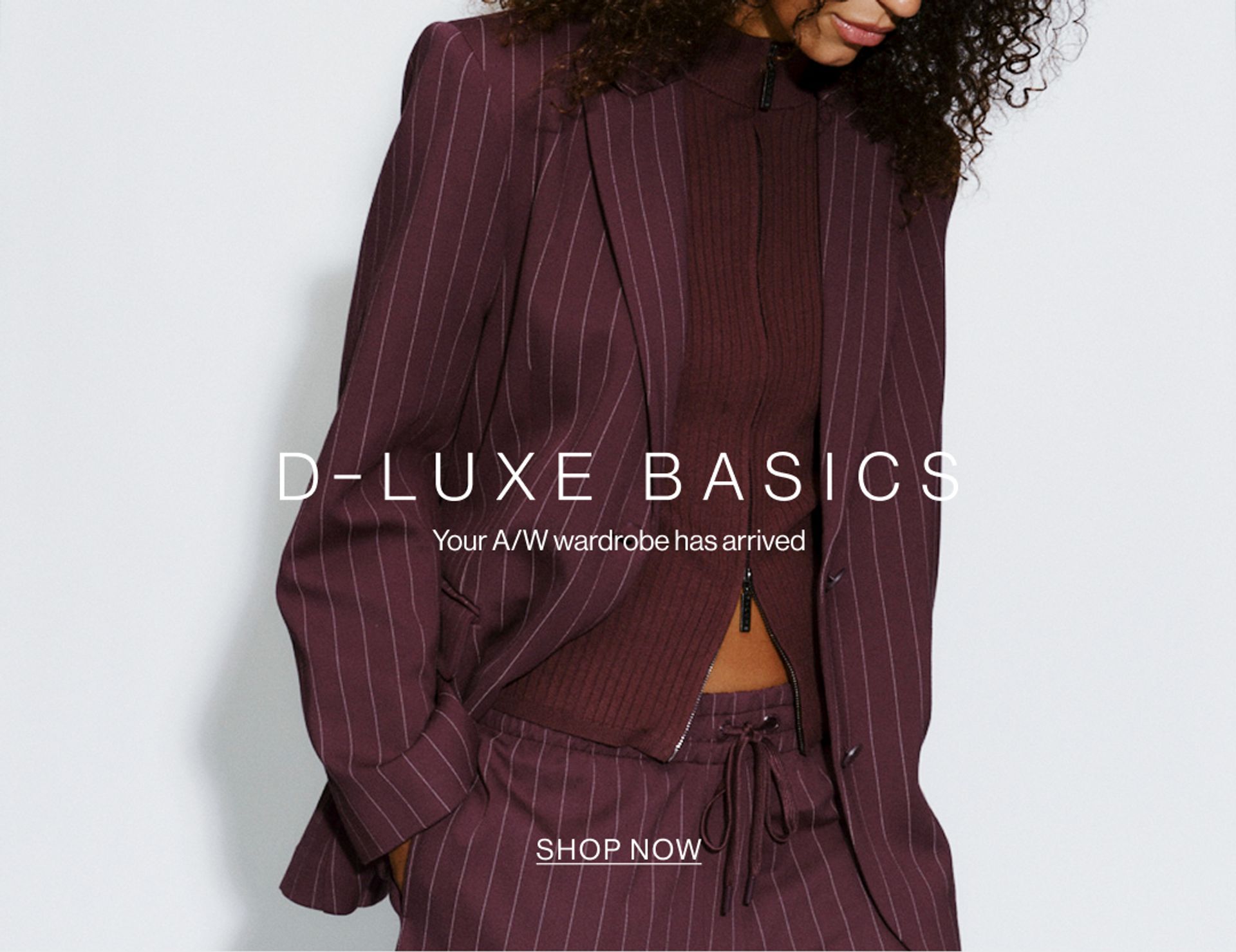Model in a plum suit jacket standing in front of a white wall with text overlay which states "DLUXE BASICS"