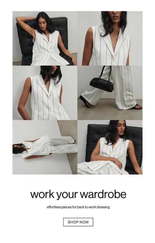 Grid of images of woman in pinstripe white set