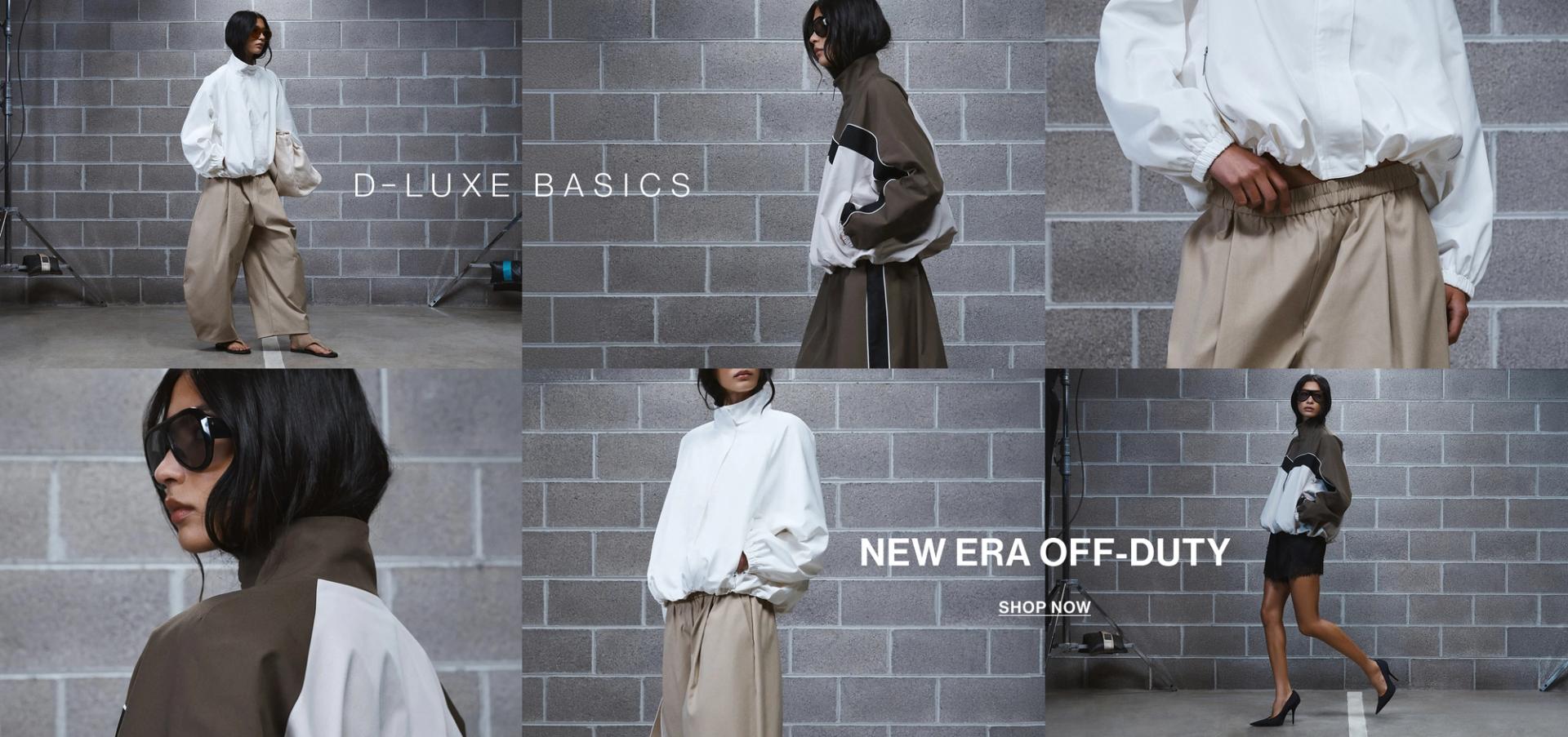 Model in a leather jacket standing in front of a white wall with text overlay which states "20% OFF DLUXE BASICS"