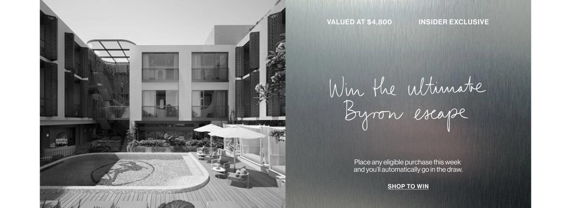 Picture of a hotel room with a pool with text that states "win the ultimate Byron escape."