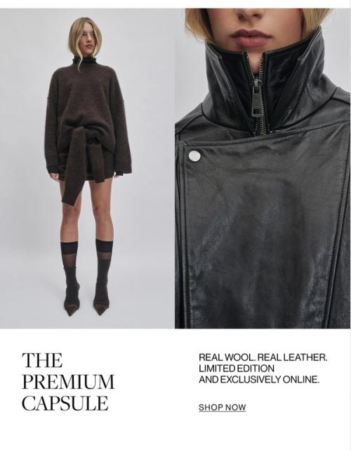 COLLAGE OF A WOMEN POSING IN FRONT OF A WHITE WALL WITH TEXT OVERLAY WHICH STATES "The premium capsule"